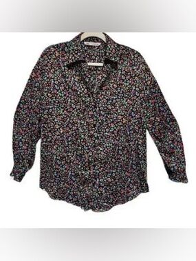 Zara Black Blue Pink Floral Button Women's Blouse SZ XS